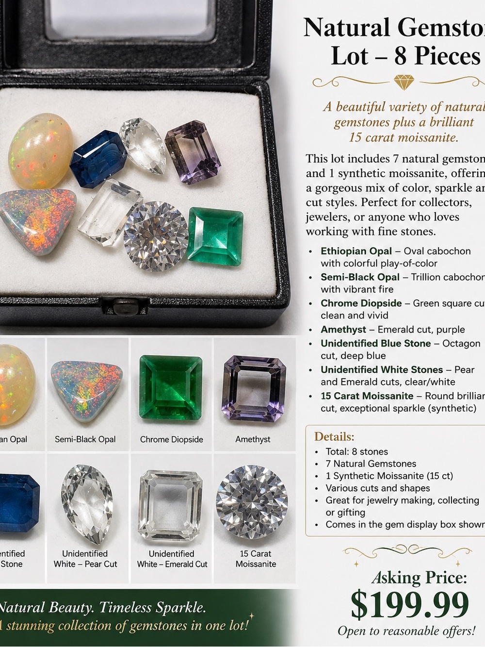 Natural Gemstone Lot - Multicolor Stones (Green, Blue, Purple, White, Opal)